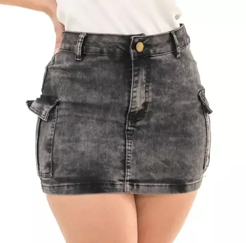 Mini Saia Jeans Cargo Cinza Grafite Marmorizada