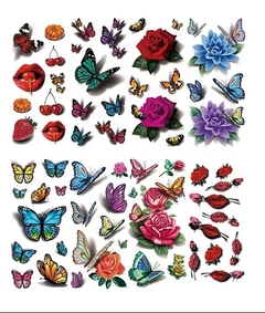 8 Cartelas Tatuagem Temporária Vários Adesivos Flor Rosa Boca Cereja Borboleta