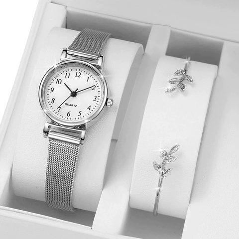 Conjunto Elegante de Relógio de Quartzo Feminino com Pulseira de Malha de Aço