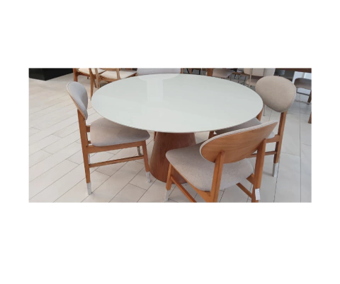 Conjunto de jantar mesa redonda 1,35 com base em madeira e tampo em vidro off white com 4 cadeiras (5385 + 5314) - comprar online