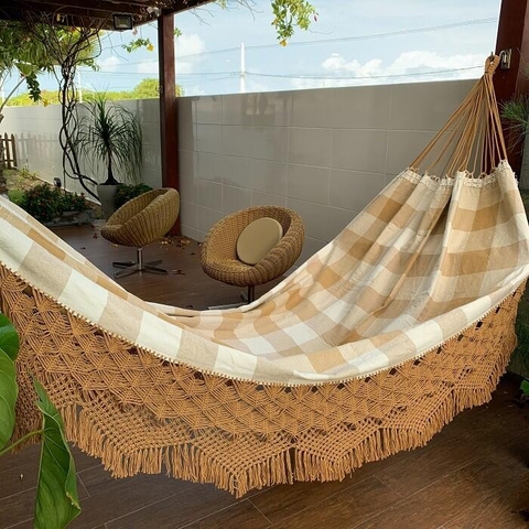 Rede de Dormir Casal Artesanal Xadrez 100% Algodão com Varanda Confortável