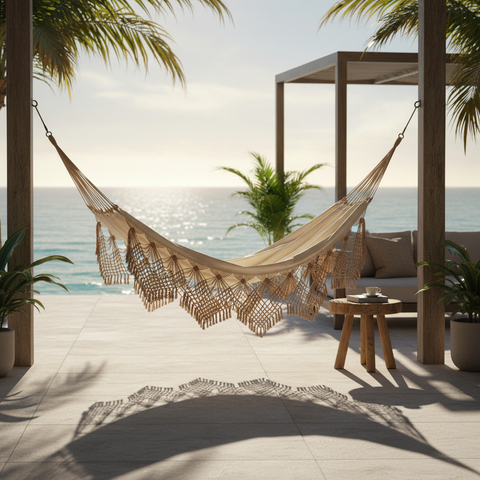 Rede de Dormir Rústico Liso Algodão Casal com Macramê Bege com Caramelo - comprar online