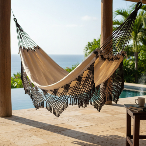 Rede de Dormir Rústico Liso Algodão Casal com Macramê Bege com Marrom - comprar online