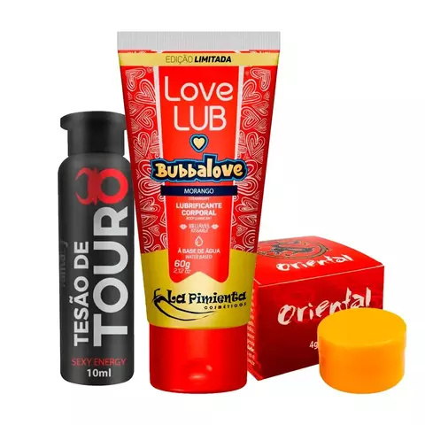 Kit com Tesão de Touro Afrodisíaco Love Lub Bubbalove Lubrificante e Pomada Oriental para Massagem
