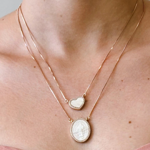 Colar Duplo Fé e Amor Cravejado Dourado - comprar online