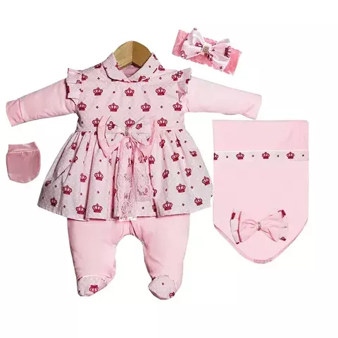 Saída de Maternidade Menina Coroa Rosa – Kit com 4 Peças