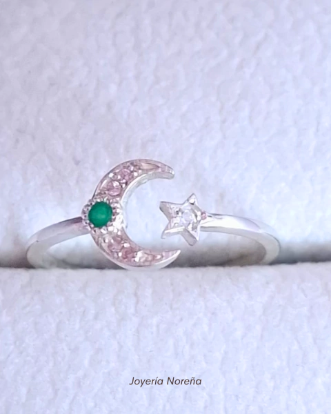 Anillo Luna y Estrella en Plata 950 con Esmeralda