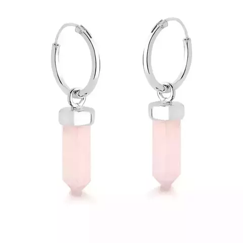 Brinco argola com pêndulo quartzo rosa - Prata 925