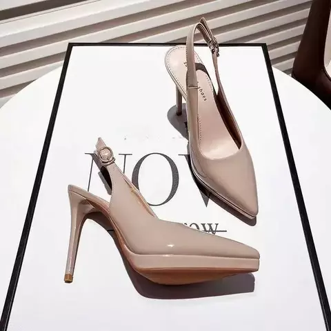 Sapatos de Salto Alto em Couro Sintético Preto Nu, Estilo Coreano, Novo Modelo P