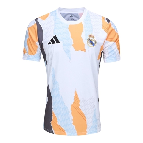 Camisa Real de Madrid Pré-jogo 24/25 - Torcedor Adidas Masculina - Branca com detalhes em laranja e preto e azul