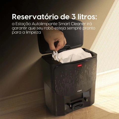 Imagem do Robô Aspirador ROPO Smart Laser Pro com Mapeamento a Laser e Estação Autolimpante 3 em 1: Varre, aspira e passa pano