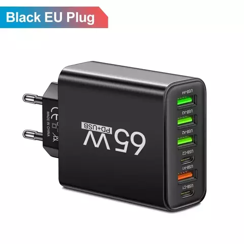 Carregador usb multi portas 65w, carregamento rápido tipo c, adaptador de carreg