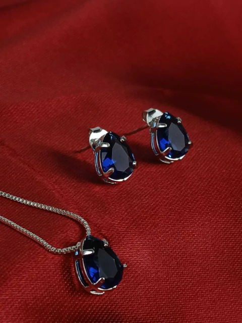 Conjunto Gota Azul Marinho Banhado a Prata 925