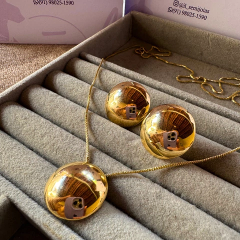 Conjunto Meia Esfera Lisa - Semijoia Banho de Ouro 18k (10 Milésimos) - Corrente 60cm - comprar online