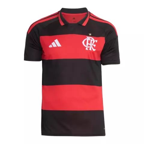 Camisa oficial Flamengo I 26/27 masculina Adidas com listras horizontais vermelhas e pretas, gola polo preta com detalhe vermelho e escudo do Flamengo no peito-adidas-torcedor