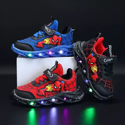 Disney led tênis casuais vermelho preto para primavera meninos spiderman malha