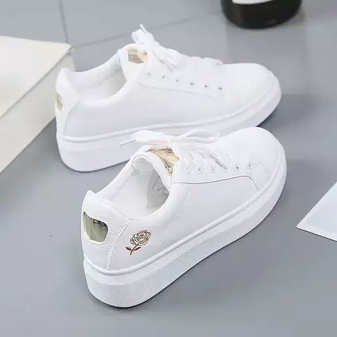 Primavera feminino sapatos casuais branco respirável bordado flor