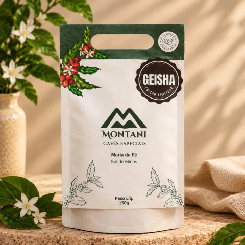 Pacote de café especial Montani, Geisha, 150g, grãos 100% Arábica da Serra da Mantiqueira, com notas de notas de chocolate, caramelo e castanhas.