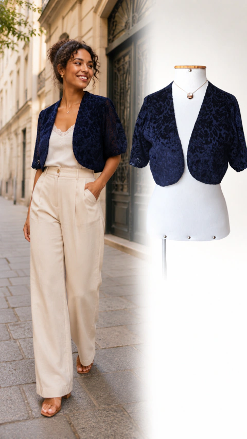 Croped azul renda com veludo (P - 38/40)