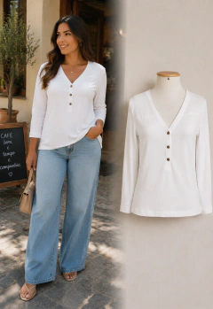Blusa branca manga longa com botâo na frente dourado Cortelle (P - 38/40)