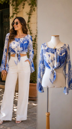 top farm ciganinha branco com estampa azul