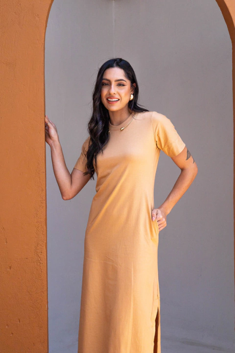 Vestido Midi De Mangas Bege Concha