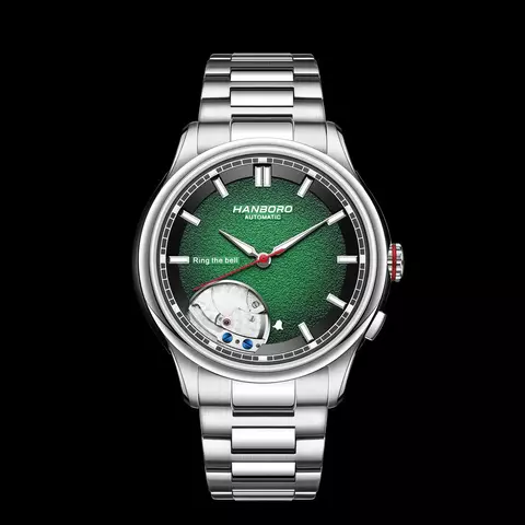 HANBORO Men Automatic Watch Alarm Mechanical Wristwatch 5ATM Sapphire Luminous Skeleton Gradient Dial Ring The Bell