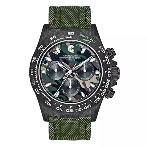 CRONUSART Men Chronograph Watch 40mm Carbon Fibre Case Automatic Mechanical Wristwatch 5ATM Luminous Sapphire Camouflage Dial