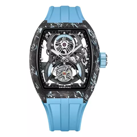 BONEST GATTI Men Tourbillon Watch 43mm*52mm Tonneau Automatic Mechanical Wristwatch Carbonfiber Lume Case Skeleton Dial Sapphire