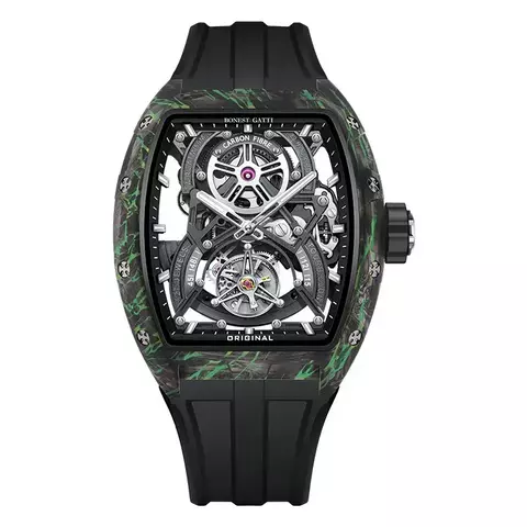 BONEST GATTI Men Automatic Watch Real Tourbillon Tonneau Mechanical Wristwatch Carbon Fiber Case Luminous Fluororubber Strap