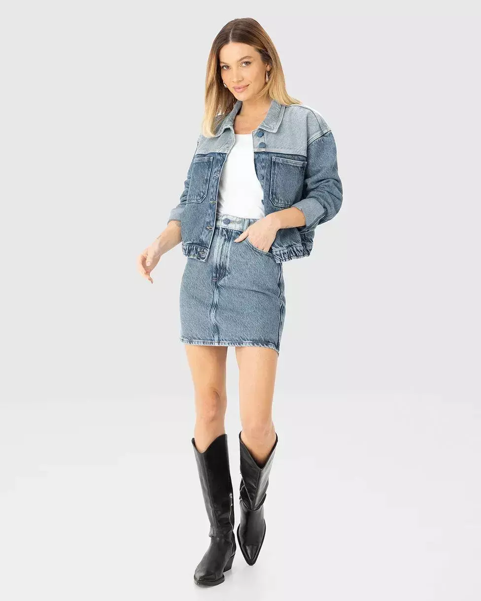Jaqueta Bomber Feminina Bicolor Em Jeans 100% Algodão - ENFIM
