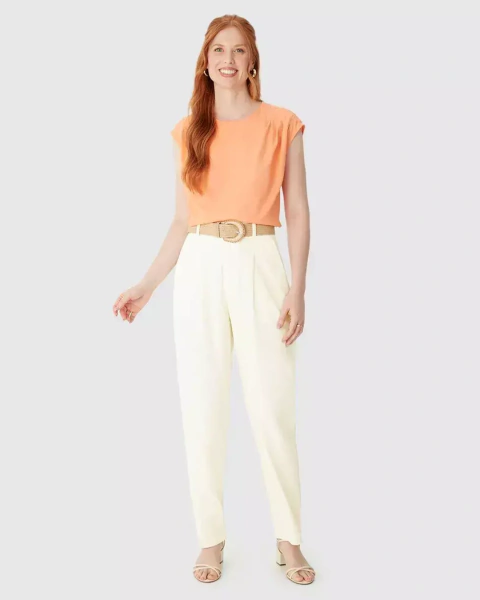 Calça Reta Feminina Cintura Alta Acompanha Cinto Em Viscolinho