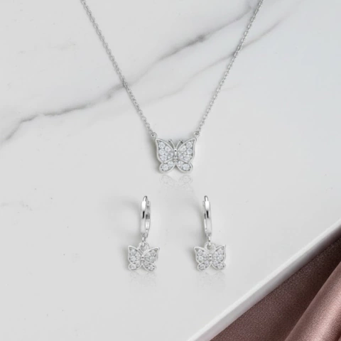 Conjunto Borboletas com Zircônias (Prata)