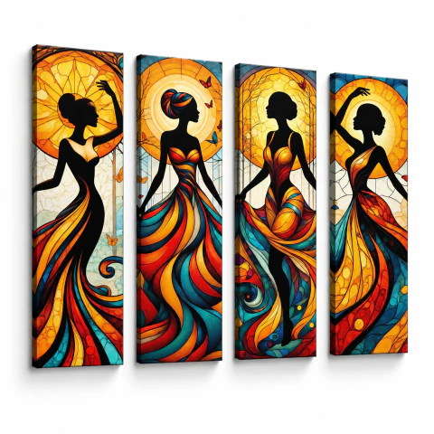 Lienzo Set X4 Cuadros Decorativos Siluetas Femeninas Arte Vitral 18x60cm c/u