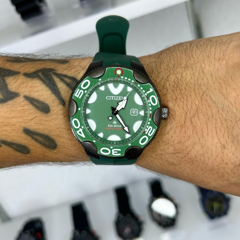 CITIZEN AQUALAND ORCA DIVE - VERDE/A PROVA D ÁGUA/PULSEIRA DE BORRACHA/46 MM DIÂMETRO