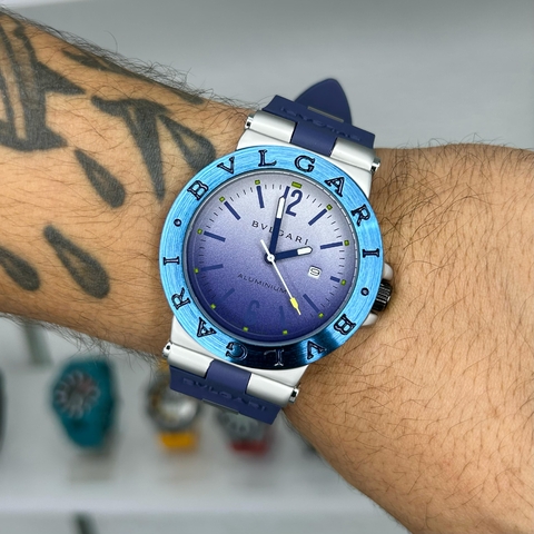 BVLGARI ALUMINIUM - AZUL/PULSEIRA DE BORRACHA/A PROVA D ÁGUA/47 MM