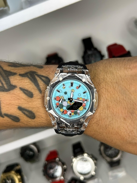 GA 2100 TRANSPARENTE DIAMOND - PRETO/FUNDO AZUL/PULSEIRA DE SILICONE/45MM