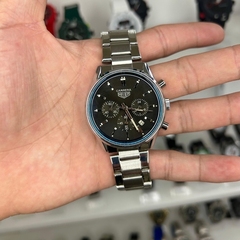 TAG HEUER CARRERA 001 - PRATA/FUNDO PRETO/PULSEIRA EM AÇO INOX/FUNCIONAL/44MM