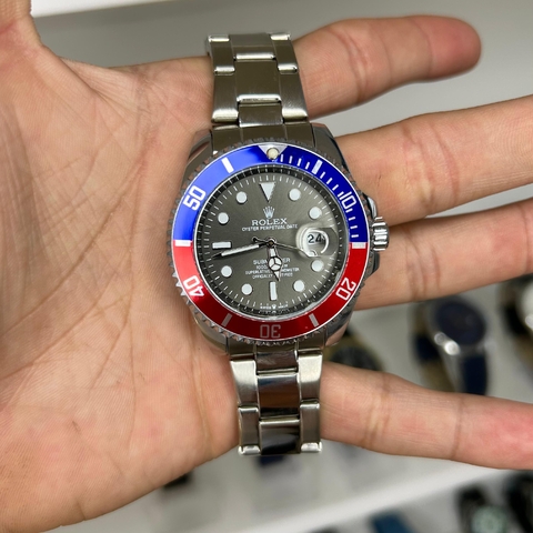 SUBMARINER - AZUL E VERMELHO/CAPITÃO AMERICA/FUNDO PRETO/PULSEIRA DE AÇO PRATA/A PROVA D ÁGUA/41MM