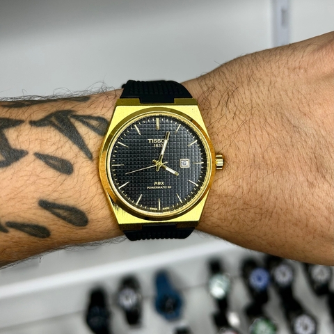 TISSOT POWERMATIC 80 - DOURADO E PRETO/PULSEIRA DE BORRACHA/45 MM