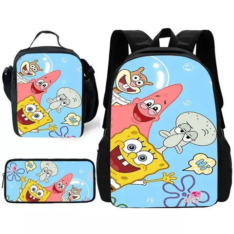 Kit mochila escolar desenho animado Bob Esponja, 03 peças
