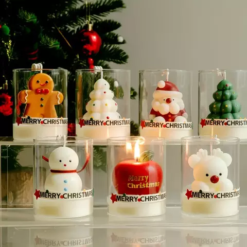 Vela perfumada de natal, copo de vidro, cera de soja, boneco de neve, rena, pres