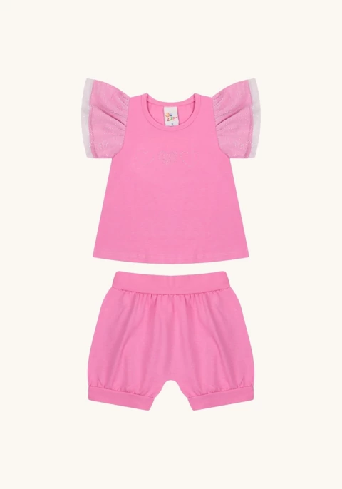 Conjunto blusa em cotton com aplique strass e tule holografico com shorts em cotton na internet