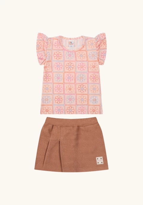 Conjunto blusa em malha honey estampada e shorts saia em moletom aspen sem pelucia - comprar online