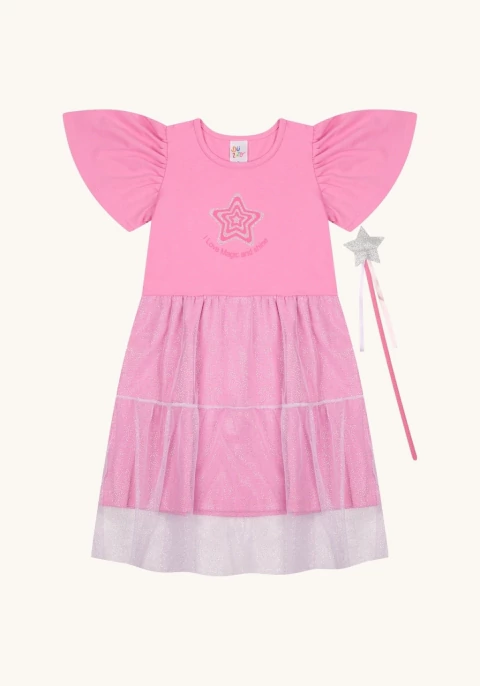 Vestido em meia malha com tule holografico acompanha brinde varinha de condao na internet
