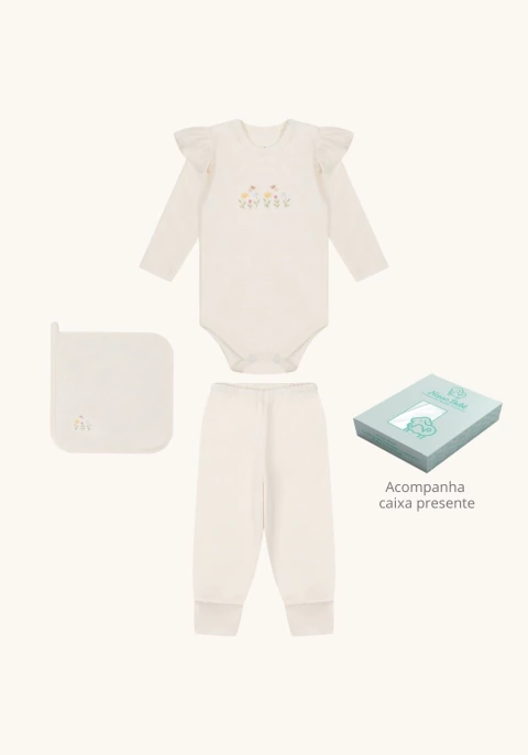 Kit presente 3 pecas body em suedine com bordado calca pezinho e pano de boca em suedine com bor - comprar online