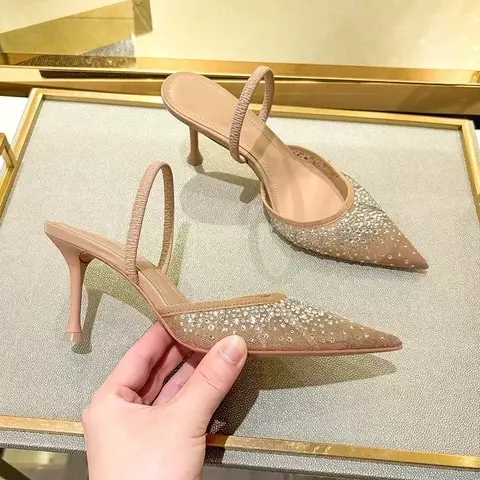 Novas Sandálias Femininas de Verão com Salto Alto Elegante em Strass e Malha Brilhante - Slingback Bico Fino Slip-On para Festa