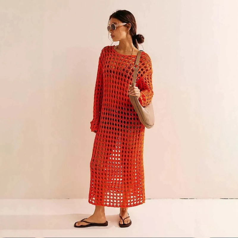 Saída de Praia de Crochê Laranja Coral Amora