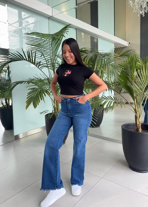 WIDE LEG AZUL WANDA LISO SEMI-ELASTIZADO CON DESFLECADO EN BOTA TIRO ALTO TALLES 36 AL 56 ANA CLARA