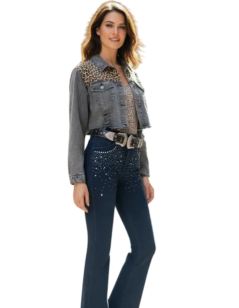 k503| JEAN OXFORD AZUL OXIDO ELASTIZADO CON BRILLOS STRASS TIRO ALTO 36-46 KAWAII - comprar online